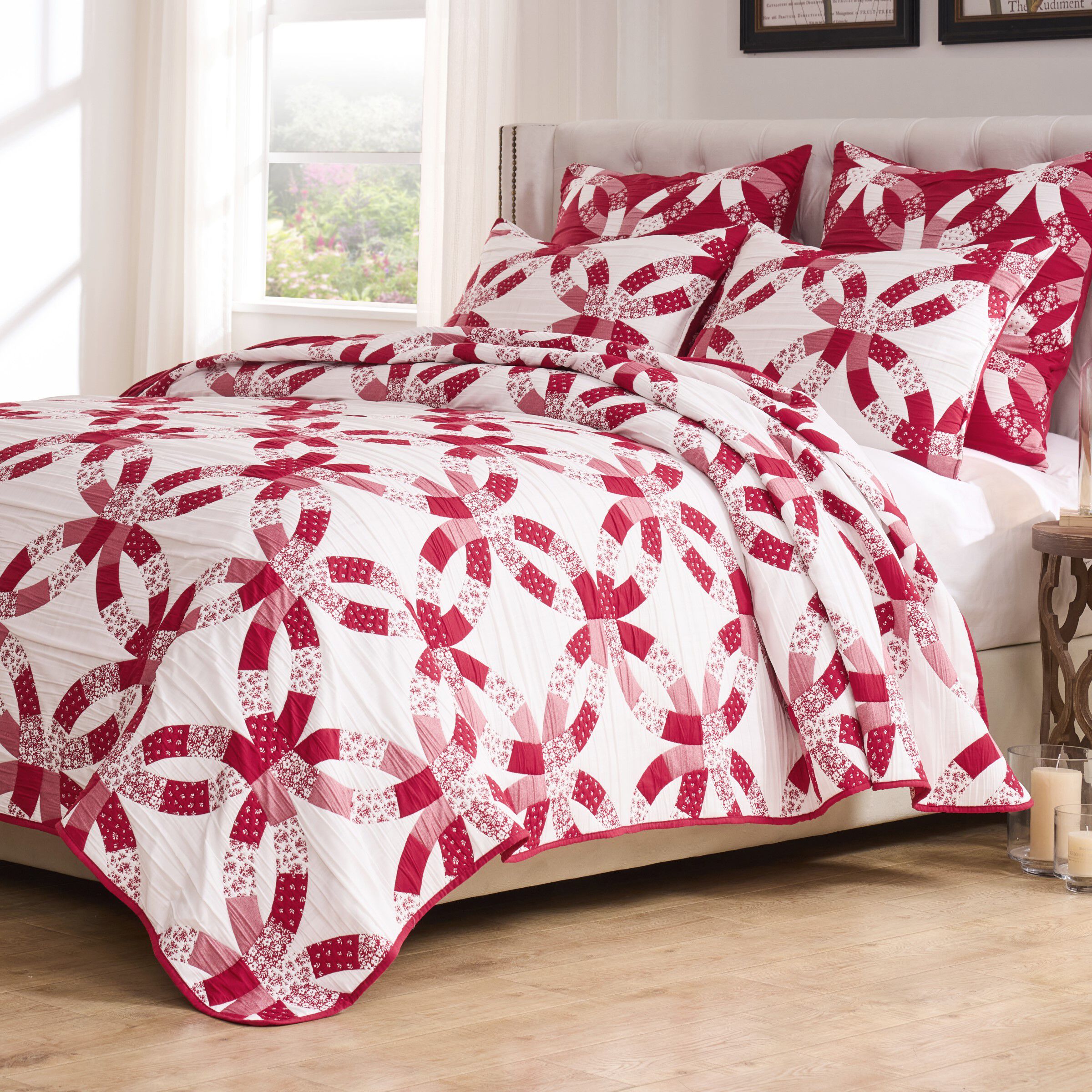 Wedding Ring Floral Reversible Coverlet Set, Red, RED, alternate image number 1