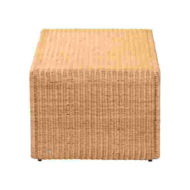 Top view of a light honey rattan coffee table