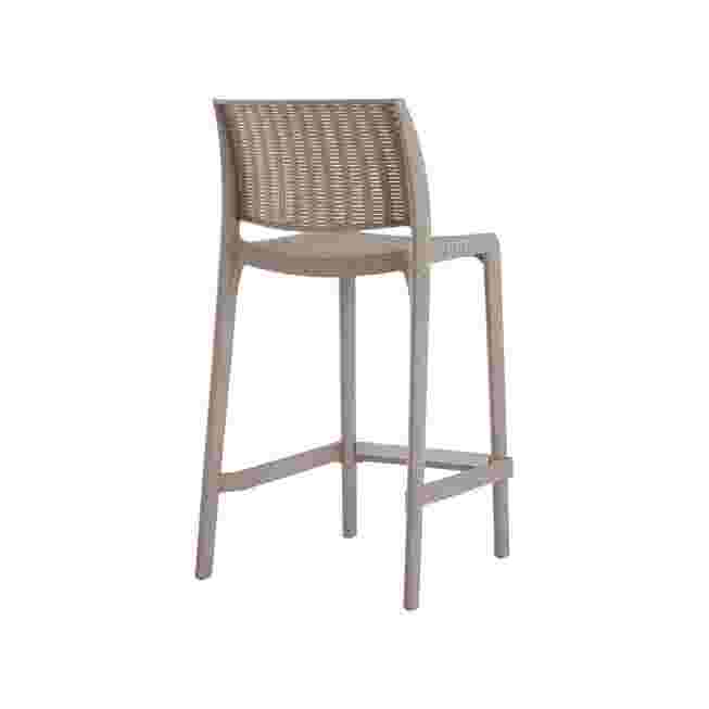 Outdoor stackable counter stool with woven seat and back, light beige frame