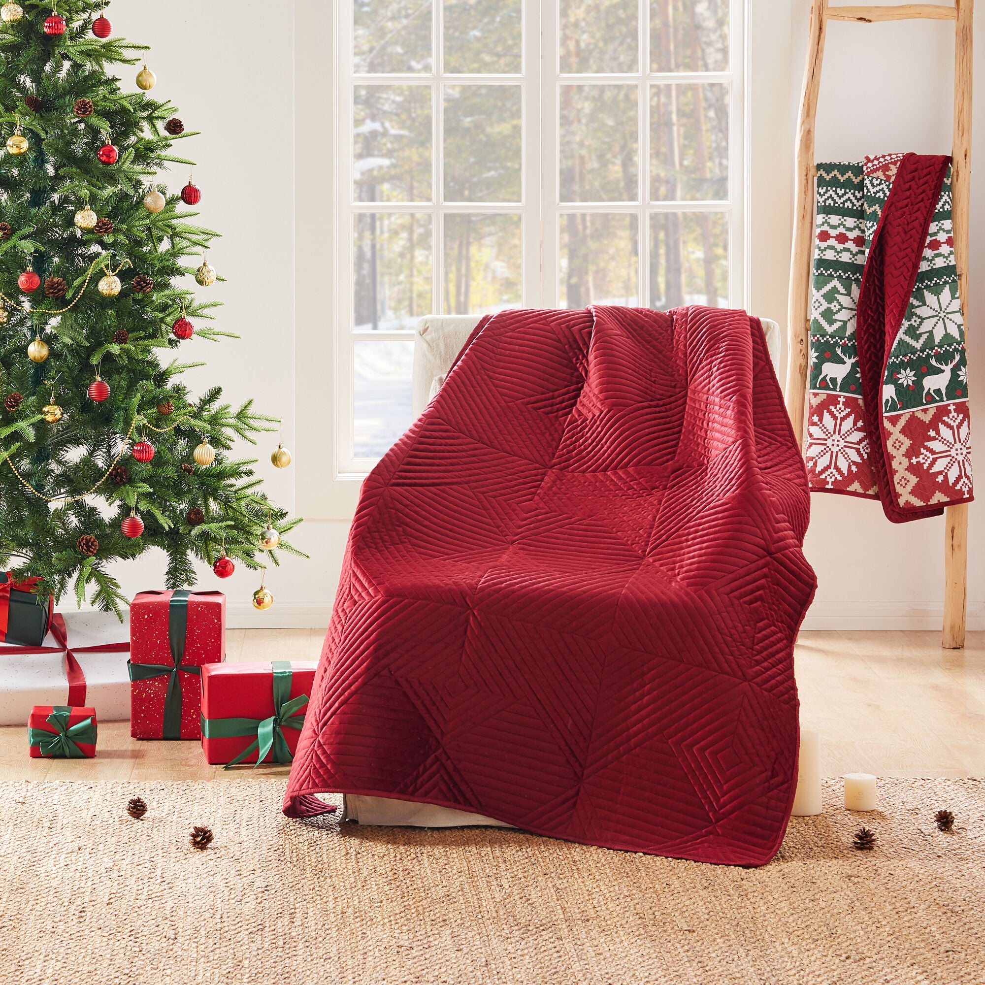 Riviera Velvet Finely Stitched Throw Blanket, Red, RED, hi-res image number 0