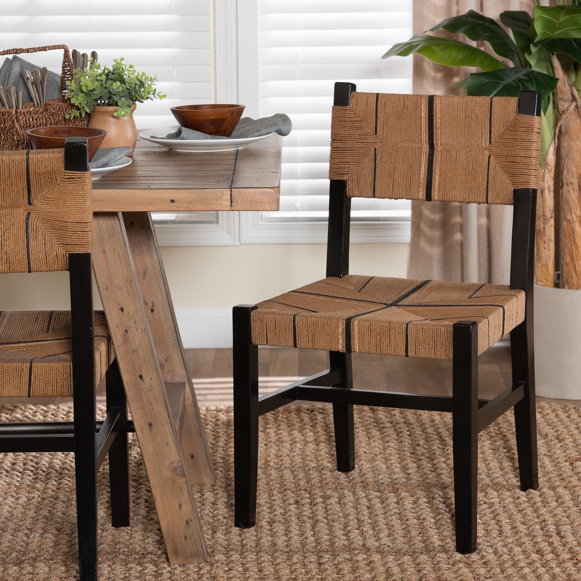 Prita Bohemian Paper Loom and Black Mahogany Wood Dining Chair, BLACK, hi-res image number 0