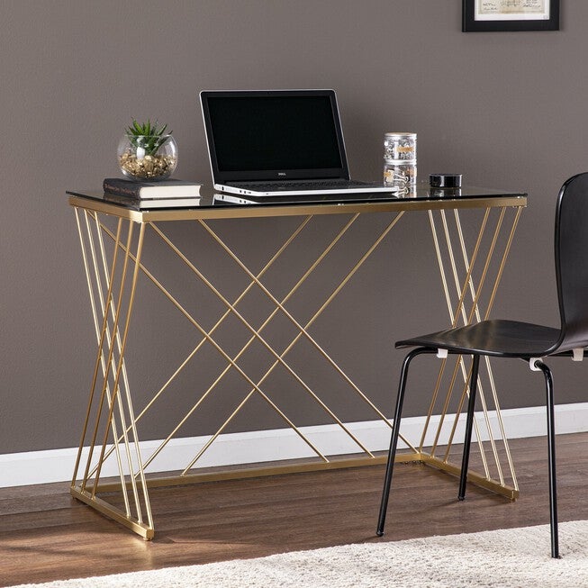 Dezby Modern Glass Top Desk, GOLD, hi-res image number 0