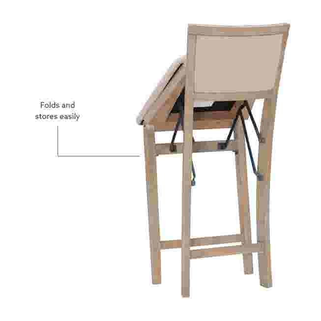 Rear view of a grey wash folding bar stool with seat tilted, showing folding mechanism