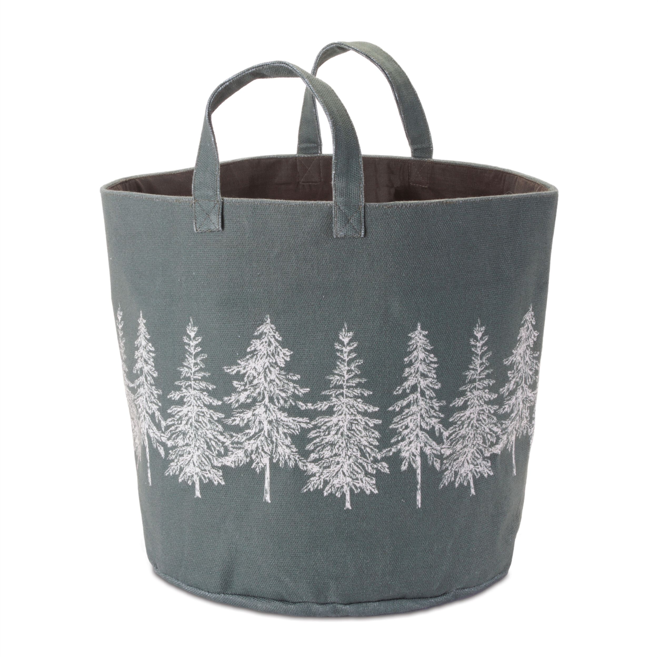 Pine Tree Fabric Storage Basket 13.5 inchesH, DARK GREEN WHITE, hi-res image number 0