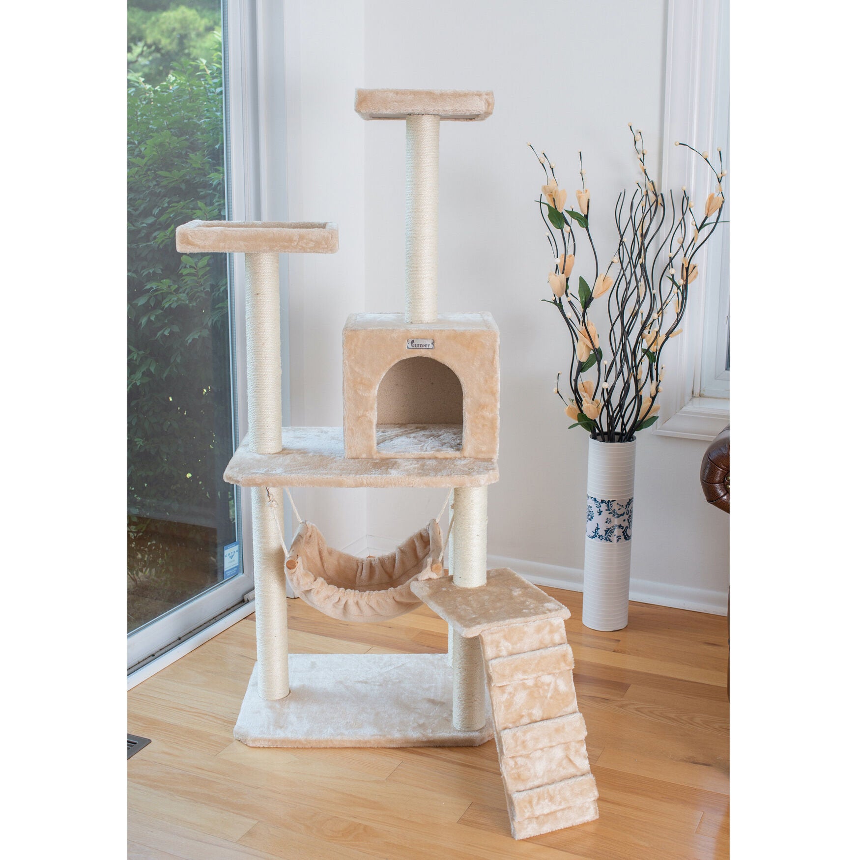 Gleepet 57 inches Real Wood Cat Tree With Perches, Running Ramp, Condo And Hammock, , alternate image number 2