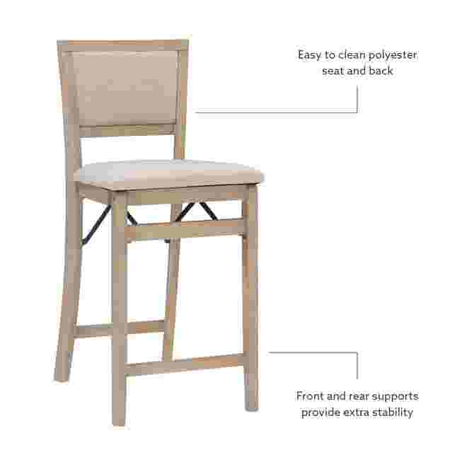 Grey wash folding bar stool with text describing features