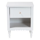 White nightstand front with open cubby and scalloped trim