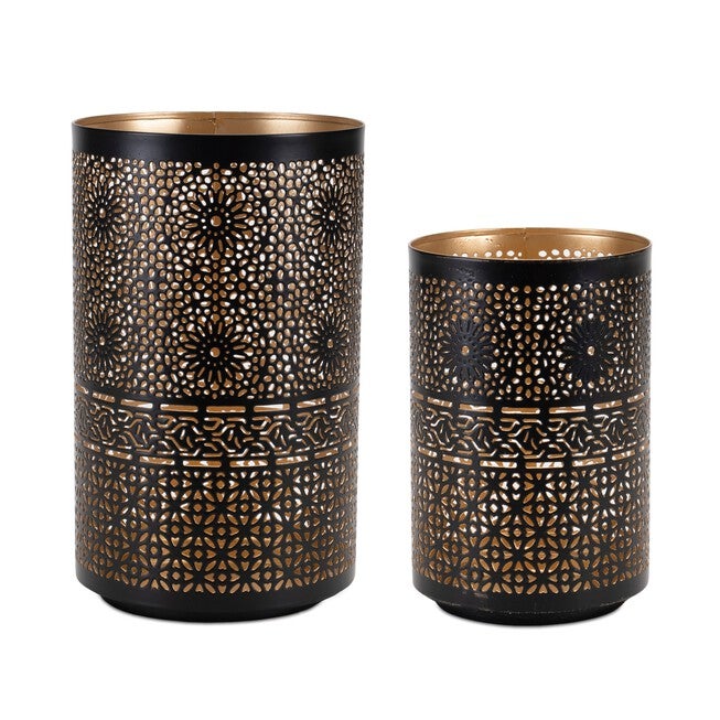 Mandala Punched Metal Candle Holder (Set of 2), BLACK/GOLD, hi-res image number null
