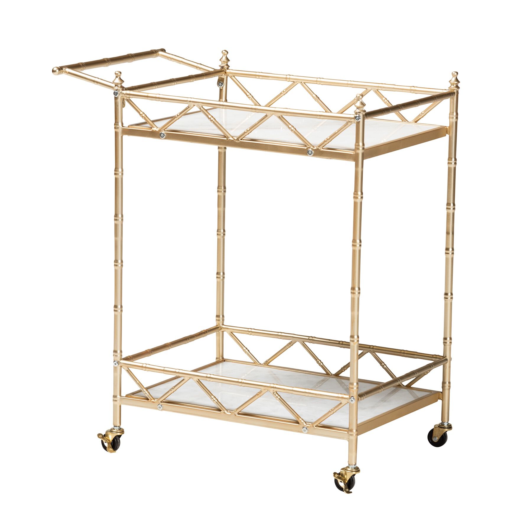Mela Contemporary Glam And Luxe Gold Metal And White Marble 2-Tier Wine Cart, GOLD WHITE MARBLE, hi-res image number 0