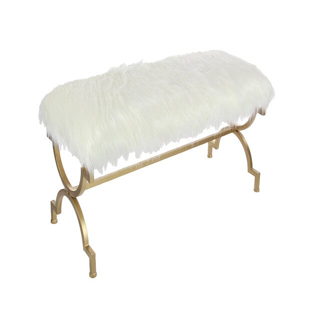 White Fur and Metal Contemporary Bench, 20x42x17, BROWN, hi-res image number 0