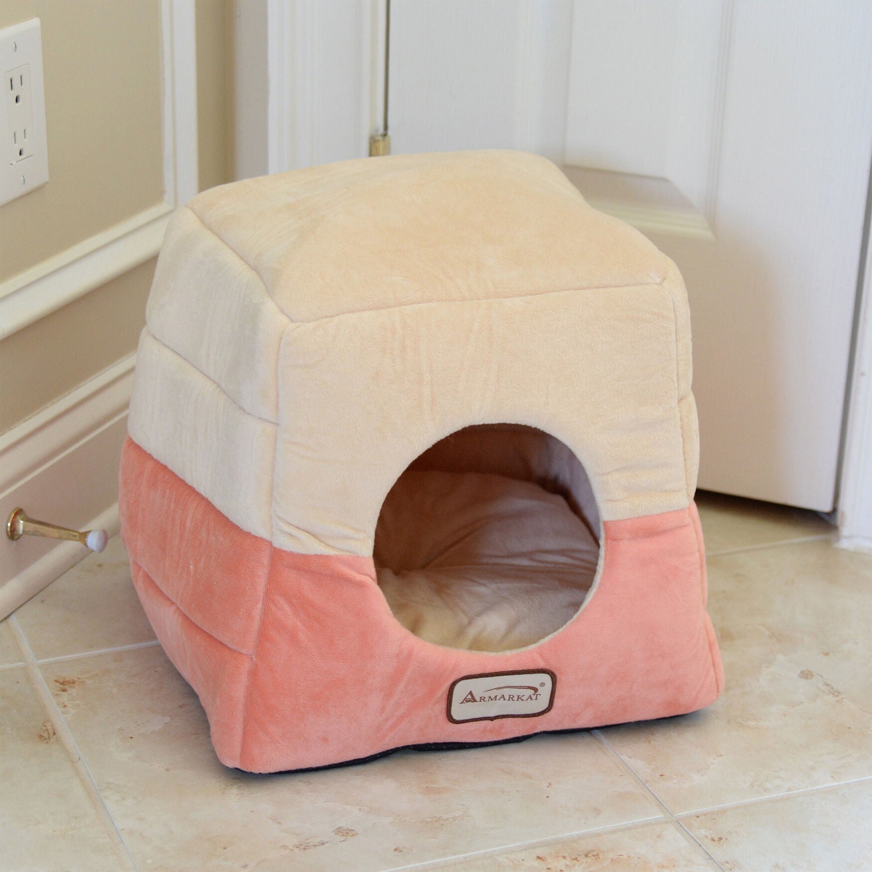 2-In-1 Cat Bed Cave Shape And Cuddle Pet Bed, Orange Beige, , alternate image number 2