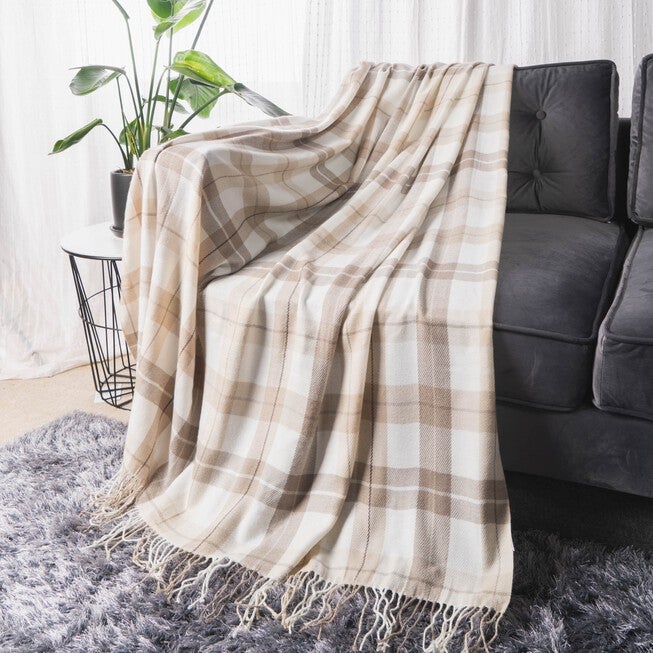 Battilo Home Grey and White Plaid Fringed Cashmere Shawl /Throw/ Blanket, 49 inches x 63 inches, GREY WHITE, hi-res image number null