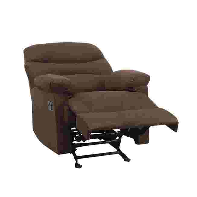 Dark brown motion glider recliner recline mechanism view from side