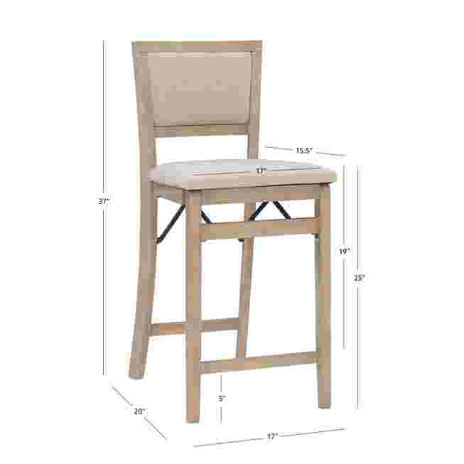 Grey wash folding bar stool with dimensions shown