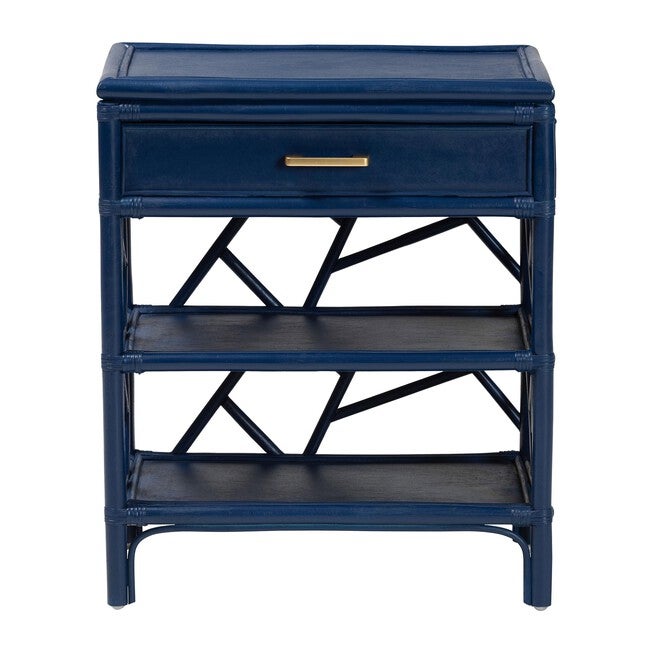 Front view of blue nightstand with drawer and X-braced shelves