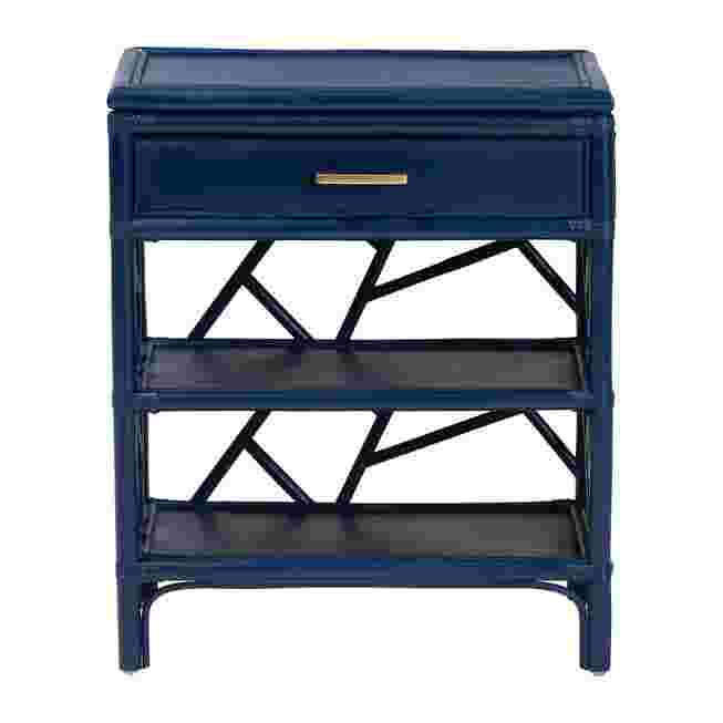 White rattan nightstand front-left view showing drawer and shelves