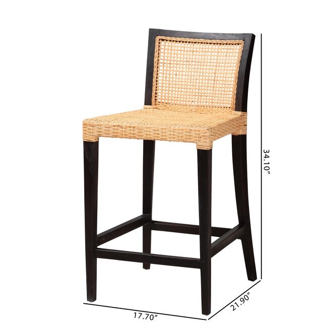 Lingga Modern Bohemian Dark Brown Mahogany Wood And Natural Rattan Counter Stool, , alternate image number null