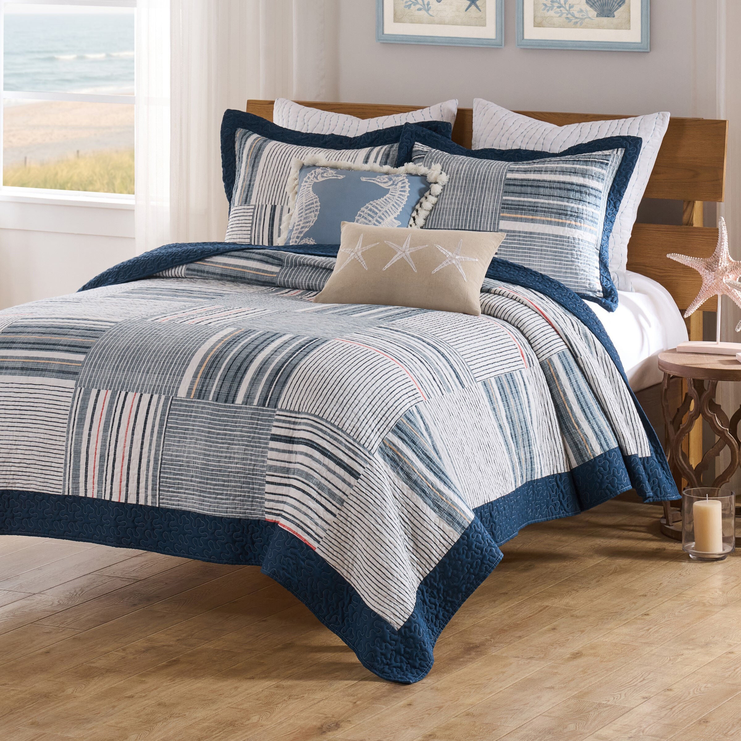 Voyage Nautical Navy Stripes Patchwork Quilt Set, MULTI, alternate image number 4