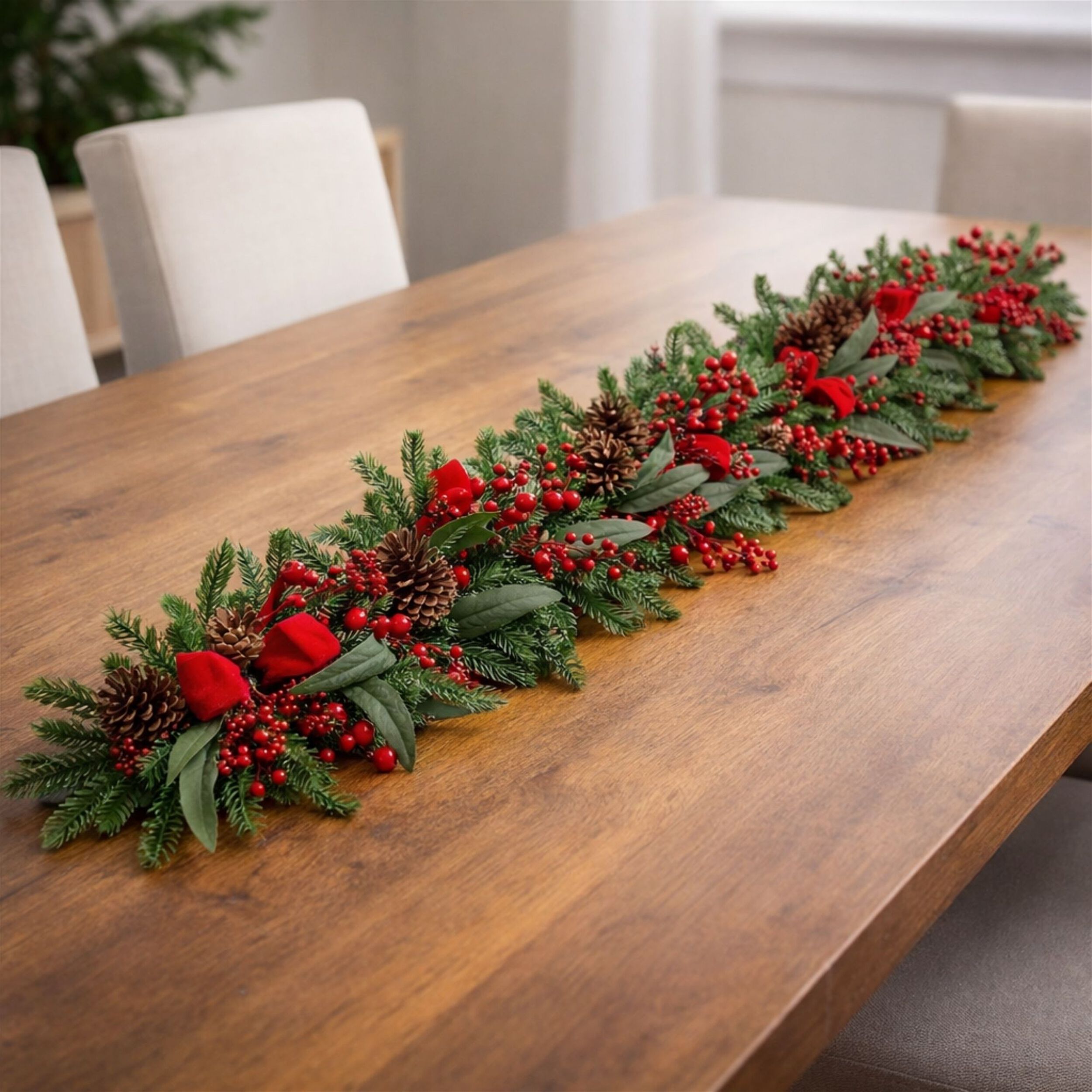 Fresh Touch Pine and Berry Garland with Ribbon 6'L, RED GREEN BROWN, alternate image number 2