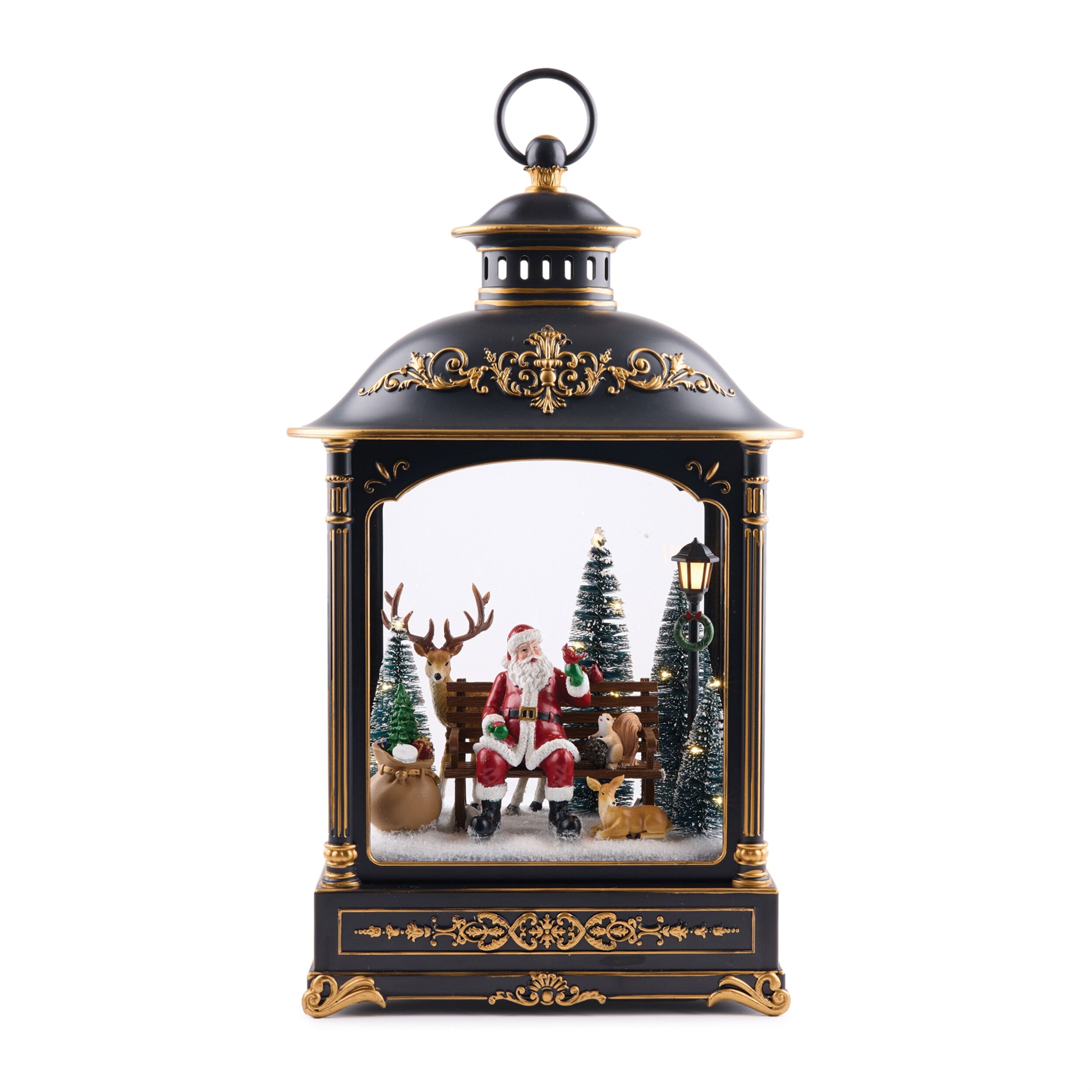 LED Lantern Scene with Santa and Woodland Animals 17.5 inchesH, BLACK. GOLD, hi-res image number 0