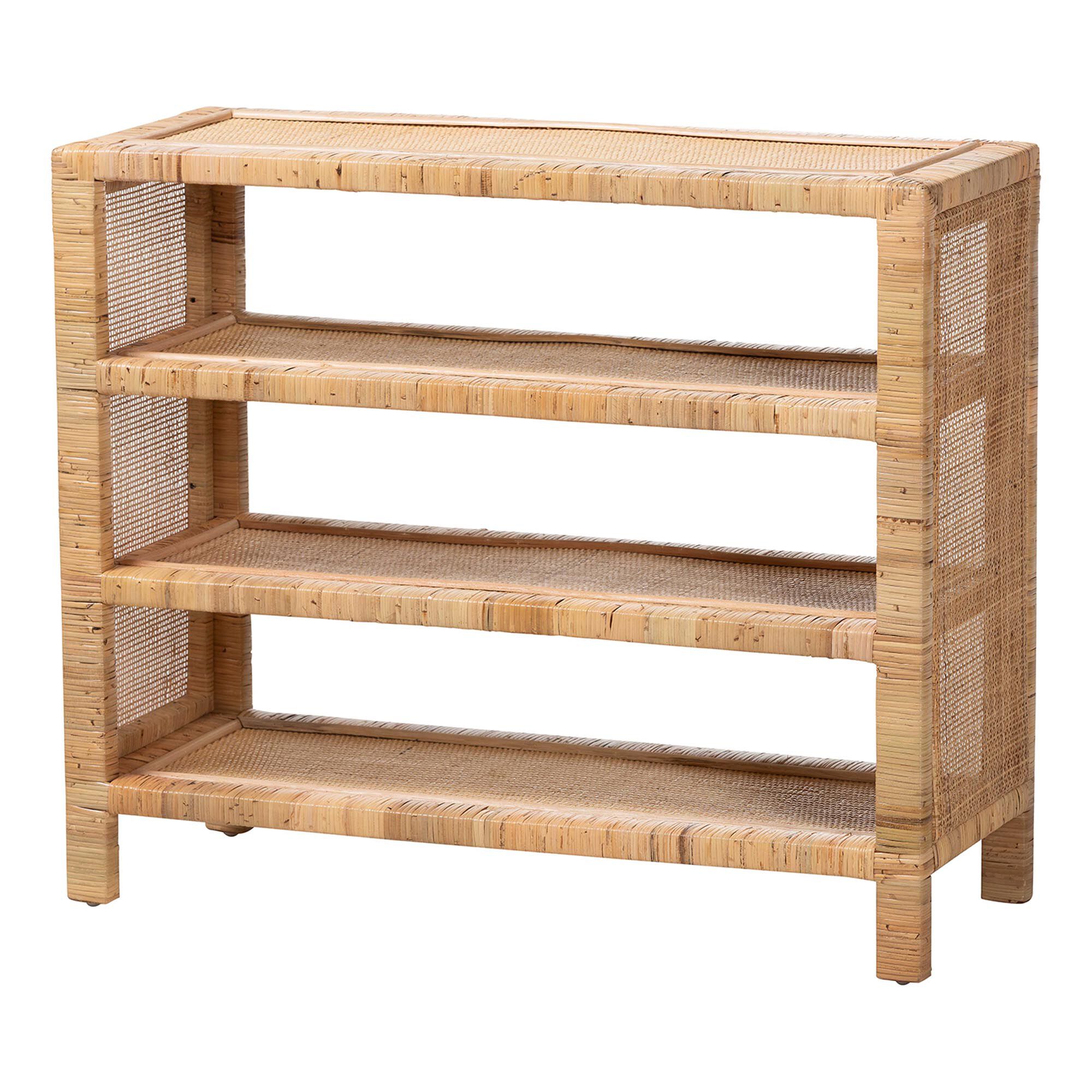 Natural rattan 4-tier display shelf angled view