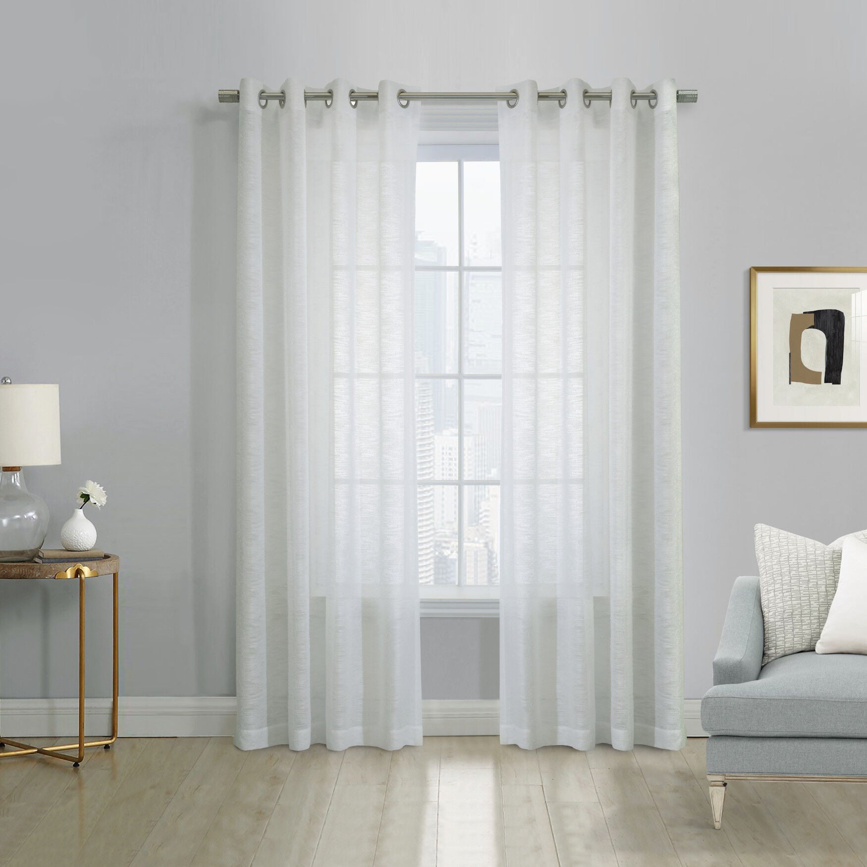Boucle Sheer Grommet Curtain Panel, WHITE, hi-res image number 0