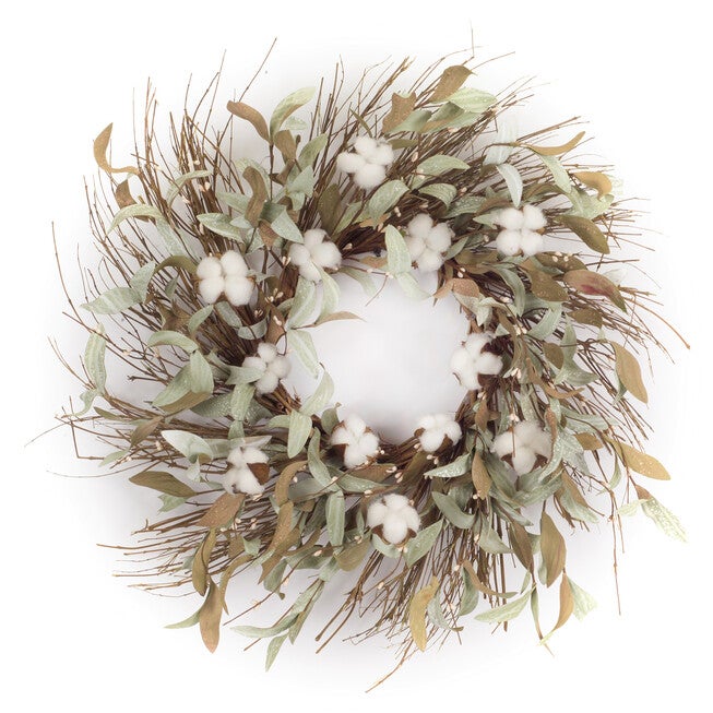 Cotton And Leaf Twig Wreath 28 inchesD, WHITE, hi-res image number 0
