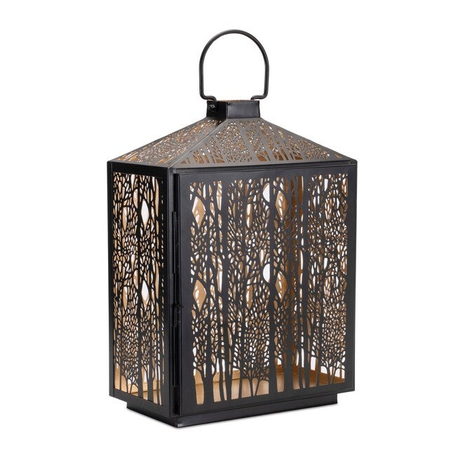 Forest Cut Metal Lantern with Gold Accent 16 inchesH, BLACK/GOLD, hi-res image number null