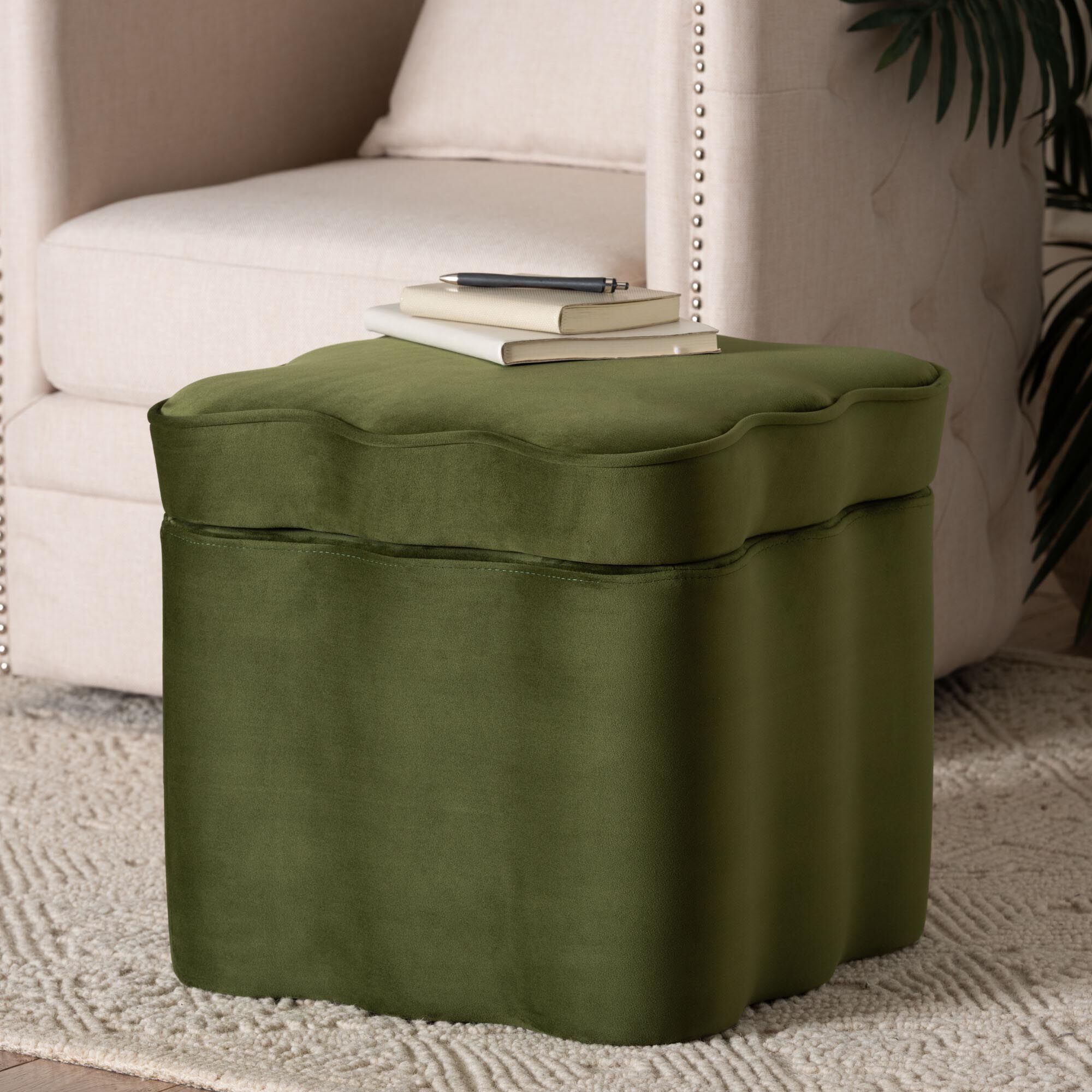 Paulina Velvet Storage Ottoman, GREEN, hi-res image number 0