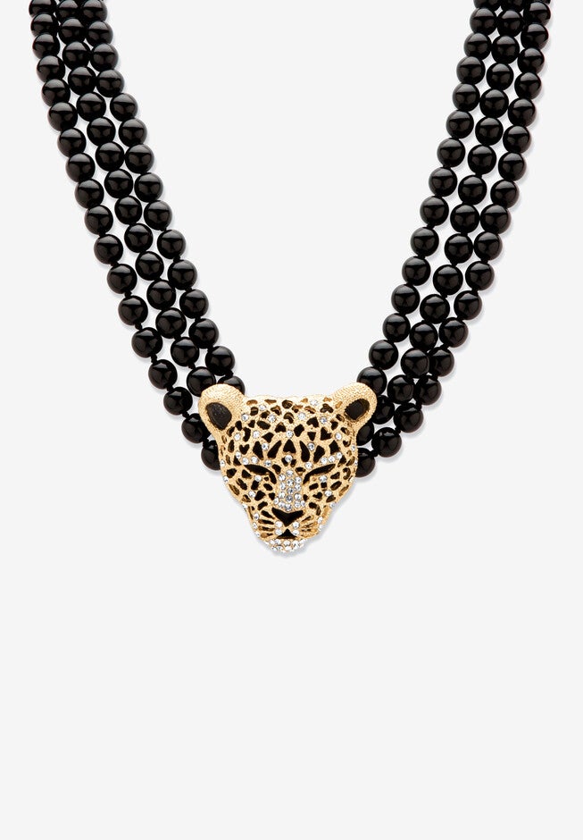 Gold Tone Leopard Beaded Collar Necklace (49mm), Crystal, 20 inches plus 2 inches, GOLD, hi-res image number null