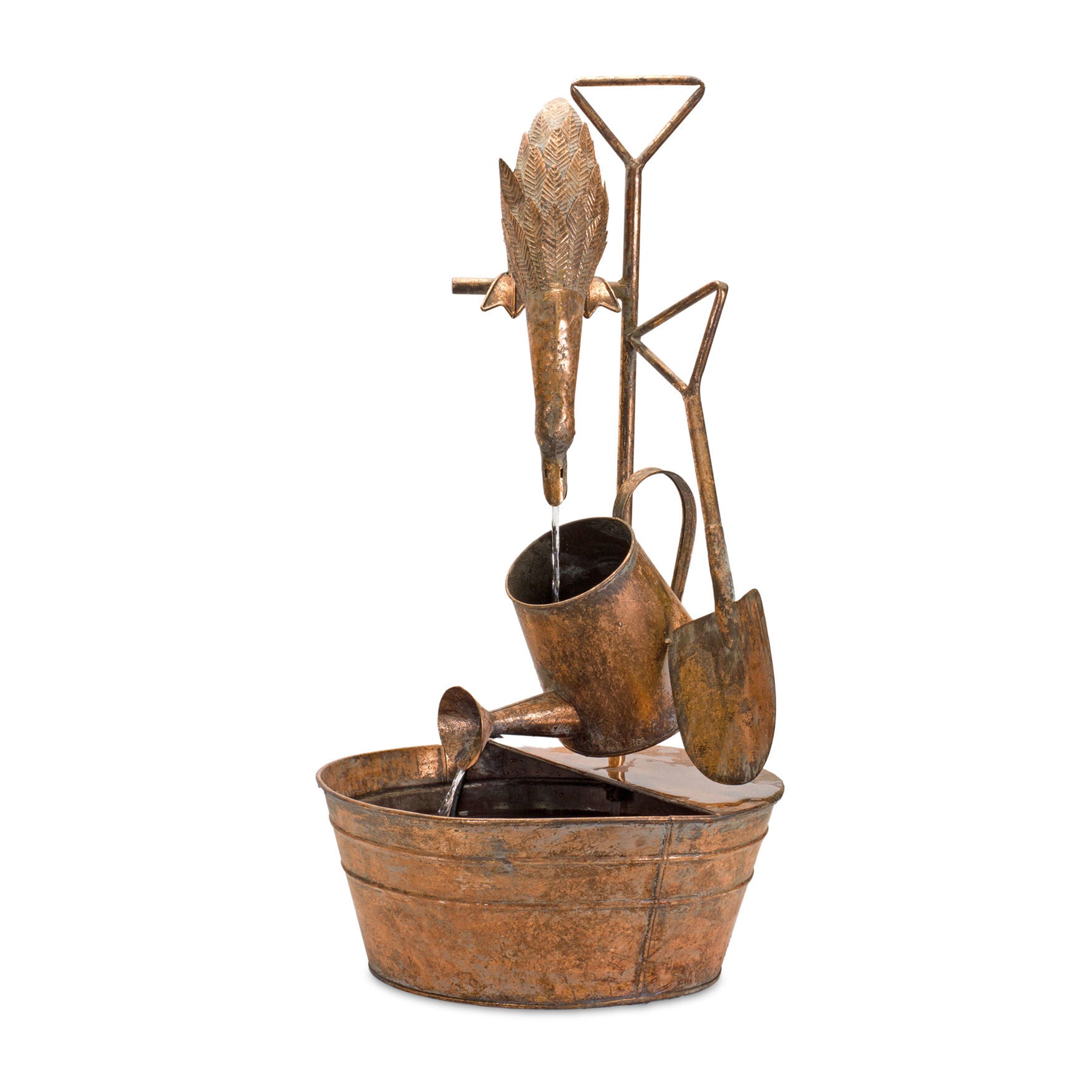 Rustic Metal Fountain With Duck And Watering Can 33 inchesH, COPPER, hi-res image number 0