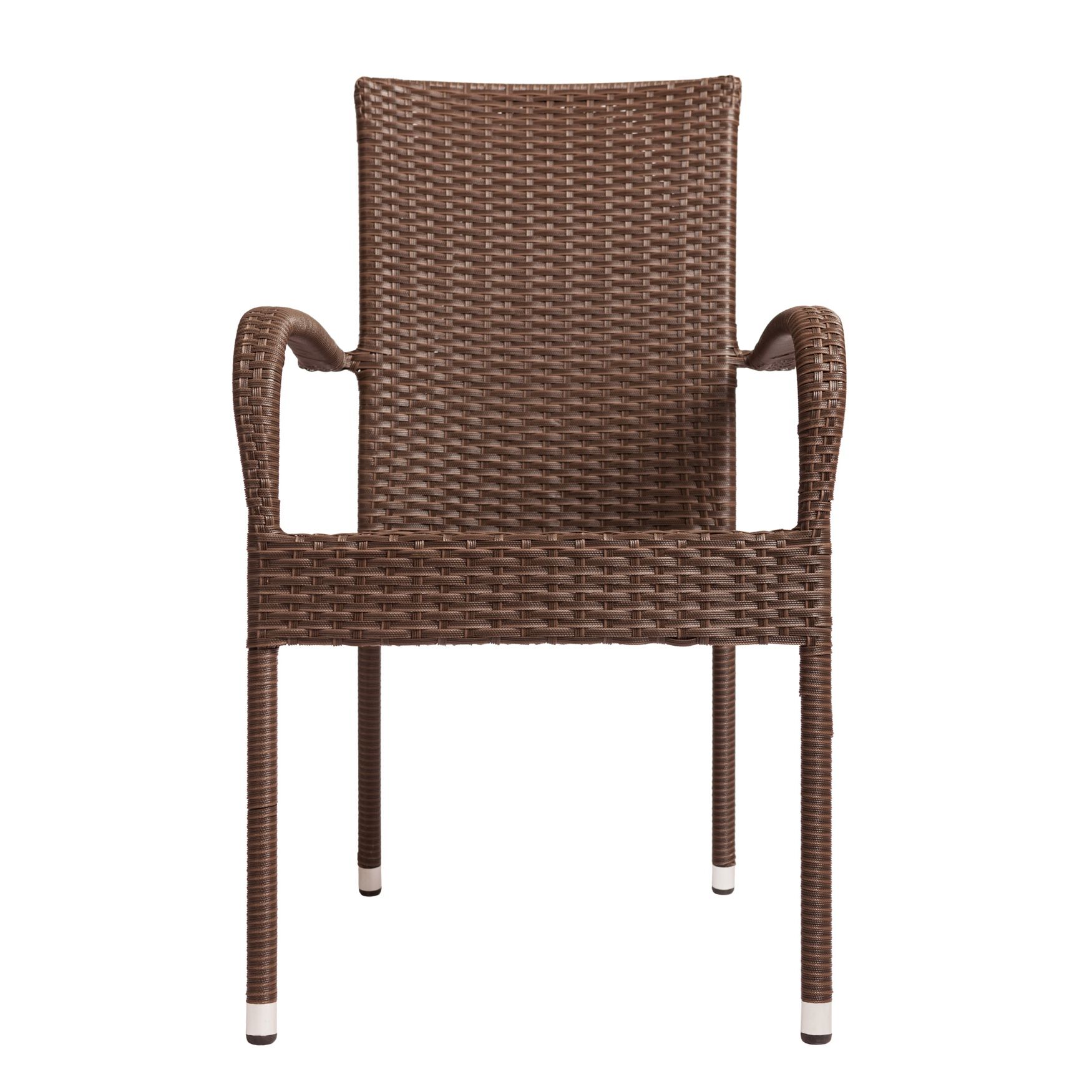 Mocha outdoor wicker stacking chair back view with arm loops