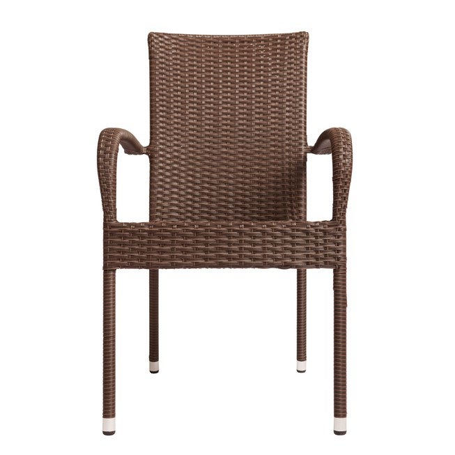 Mocha outdoor wicker stacking chair from the front with curved arms and white feet
