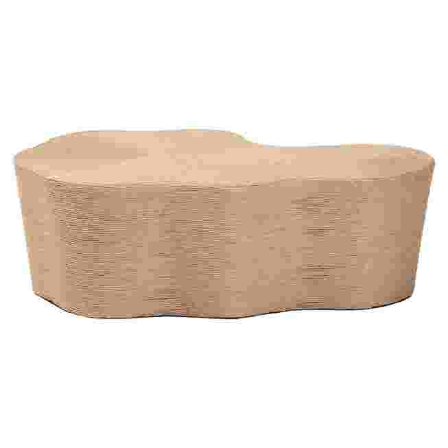 Natural jute coffee table with wavy design from a side view