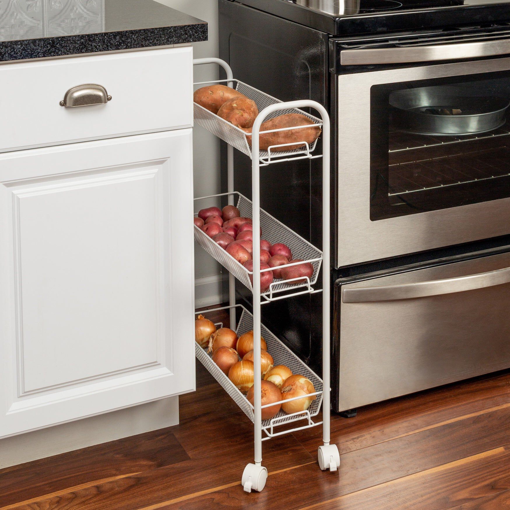 3-Basket Slim Rolling Wire Cart, WHITE, hi-res image number 0