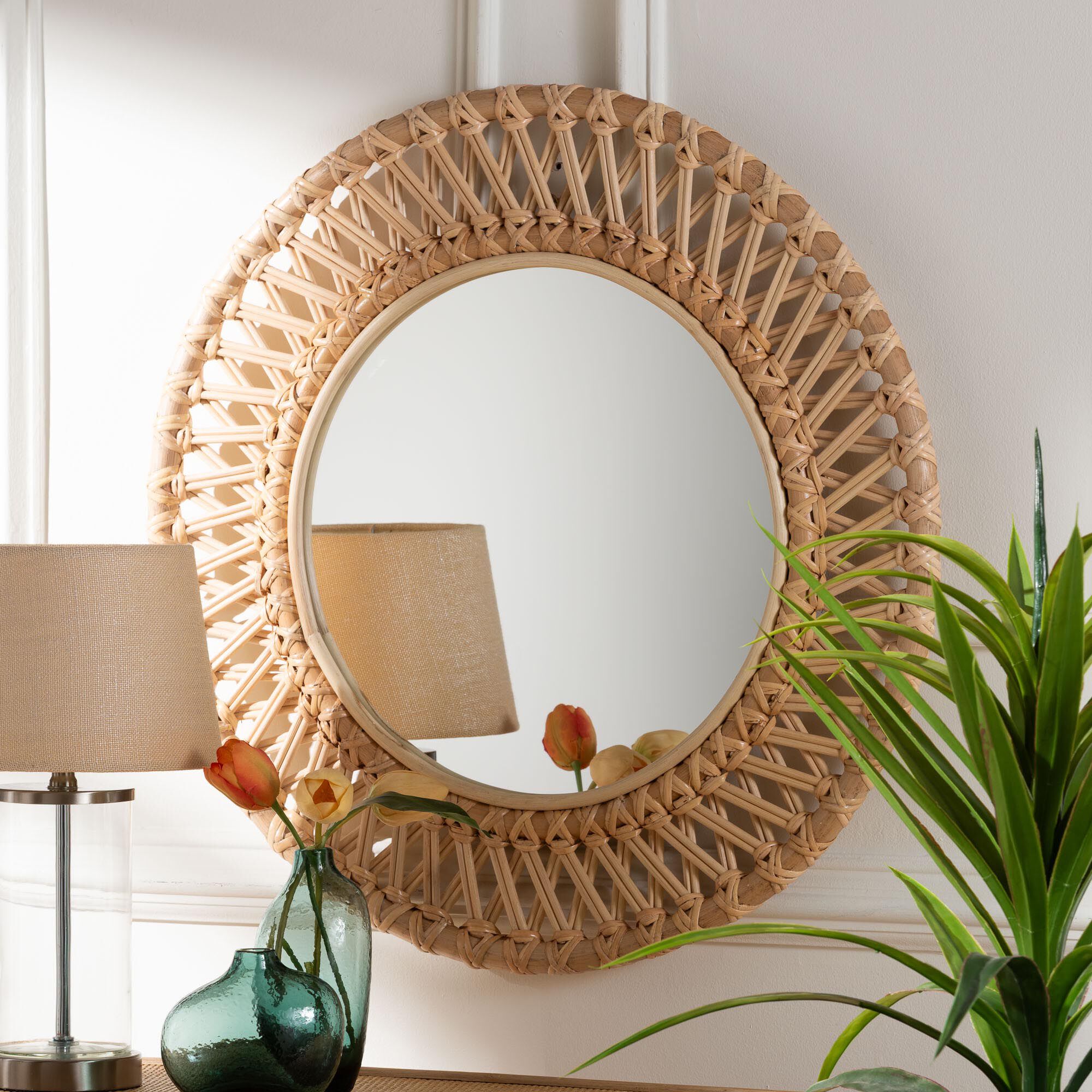 Burris Natural Rattan Wall Mirror - Handwoven Wicker Round Frame, NATURAL, hi-res image number 0