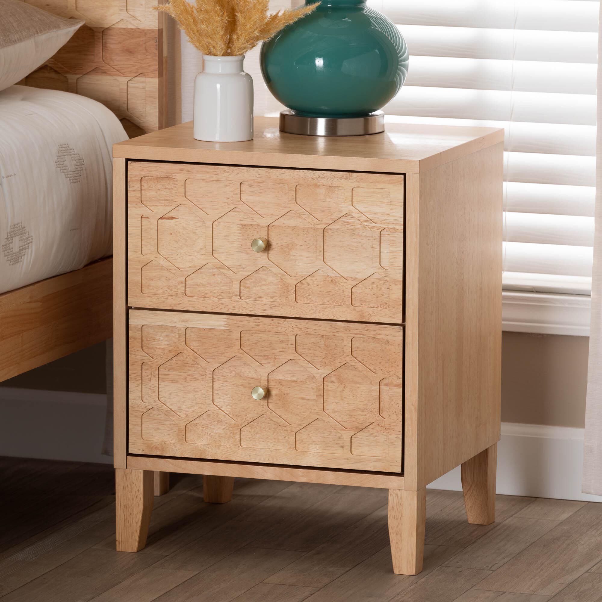 Hosea Japandi Carved Honeycomb Natural 2-Drawer Nightstand, NATURAL, hi-res image number 0