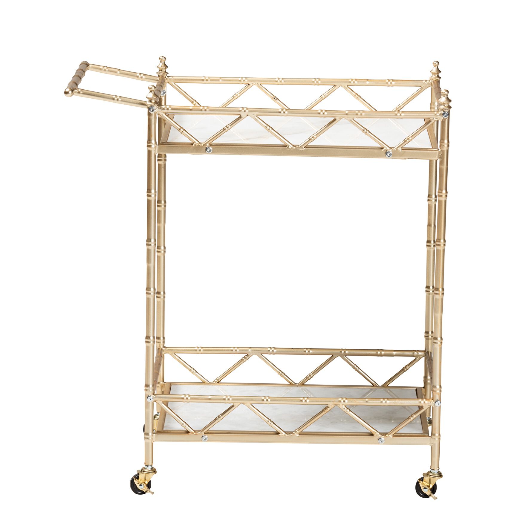 Mela Contemporary Glam And Luxe Gold Metal And White Marble 2-Tier Wine Cart, , on-hover image number 1