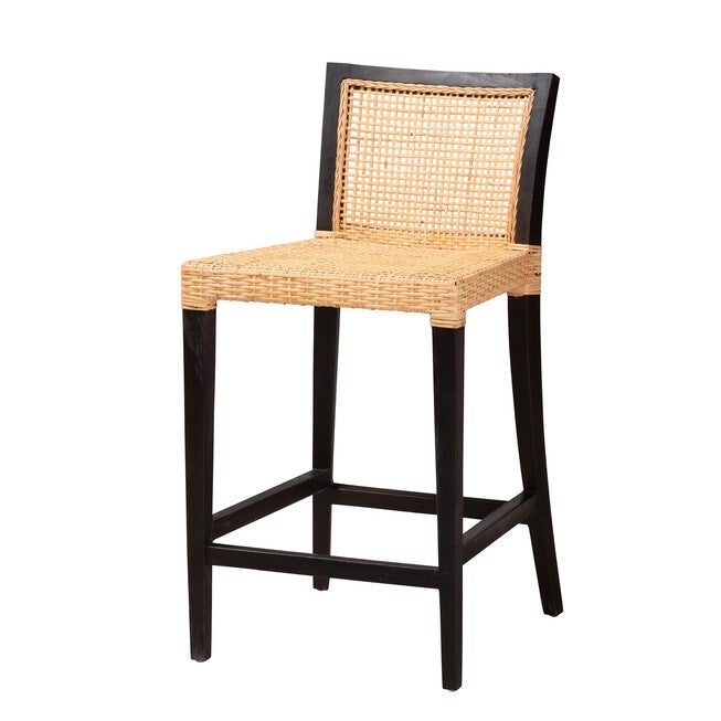 Lingga Modern Bohemian Dark Brown Mahogany Wood And Natural Rattan Counter Stool, DARK BROWN MAHOGANY, hi-res image number null