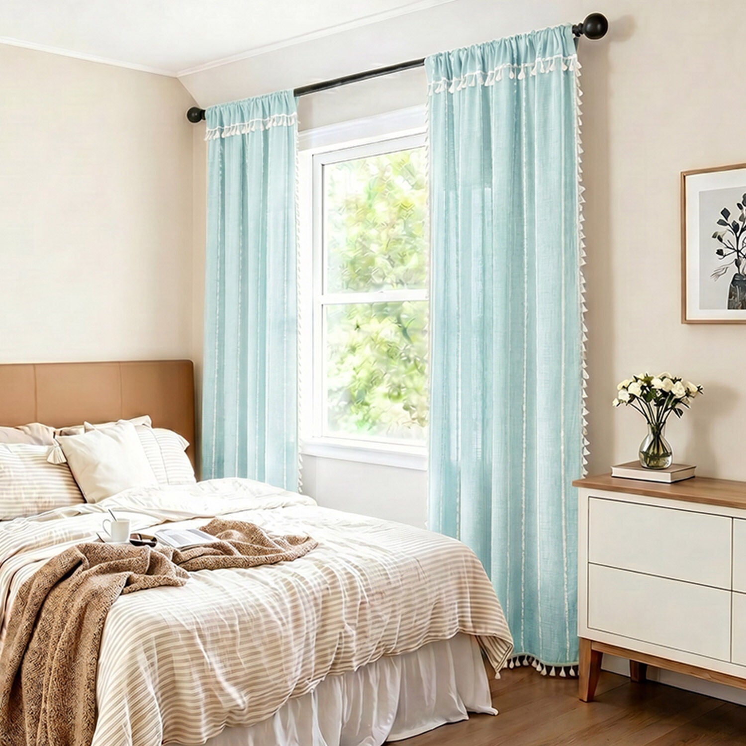Boho Tassel Light Filtering Curtain Pair, LIGHT BLUE, alternate image number 6