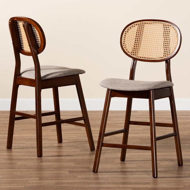 Darrion Mid-Century Modern Grey Fabric And Walnut Brown Finished Wood 2-Piece Counter Stool Set, , alternate image number null