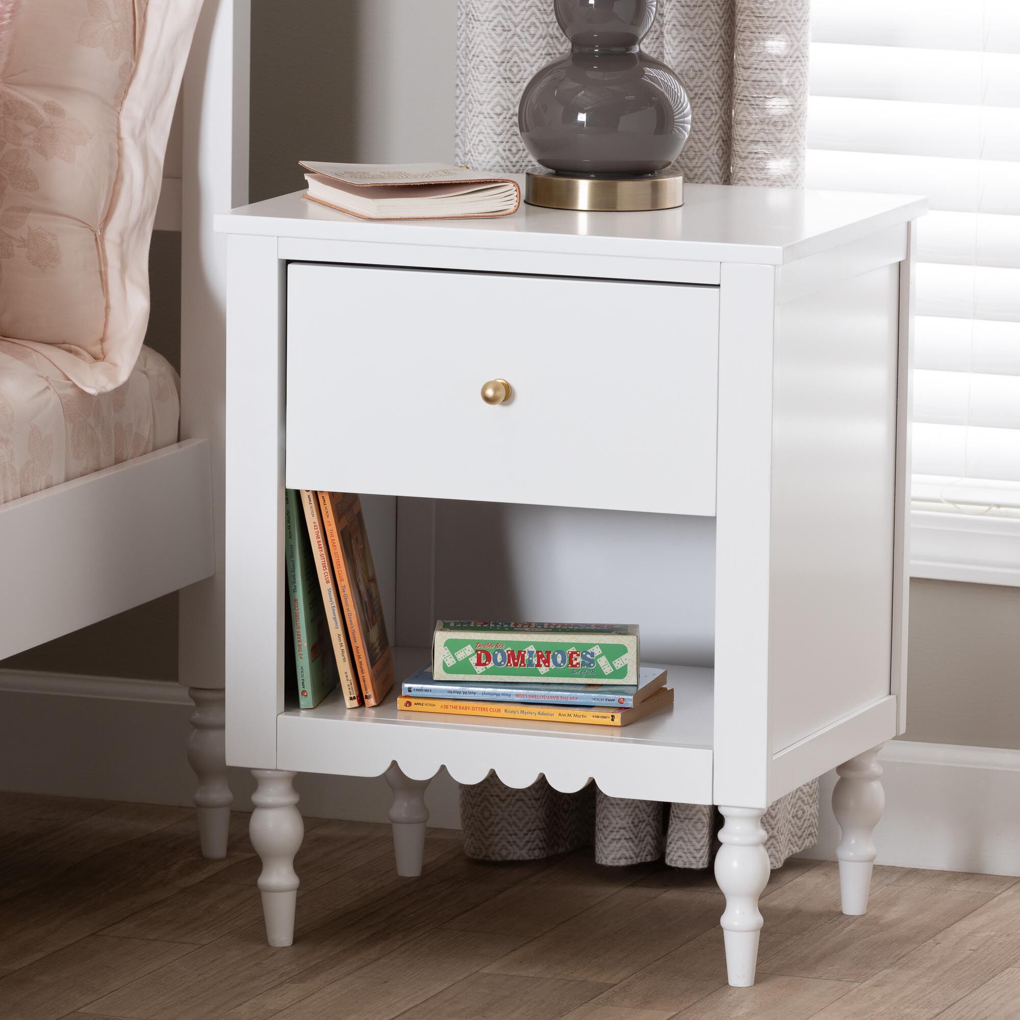 Roni Modern White Wood 1-Drawer Nightstand with Scalloped Edges, WHITE, hi-res image number 0