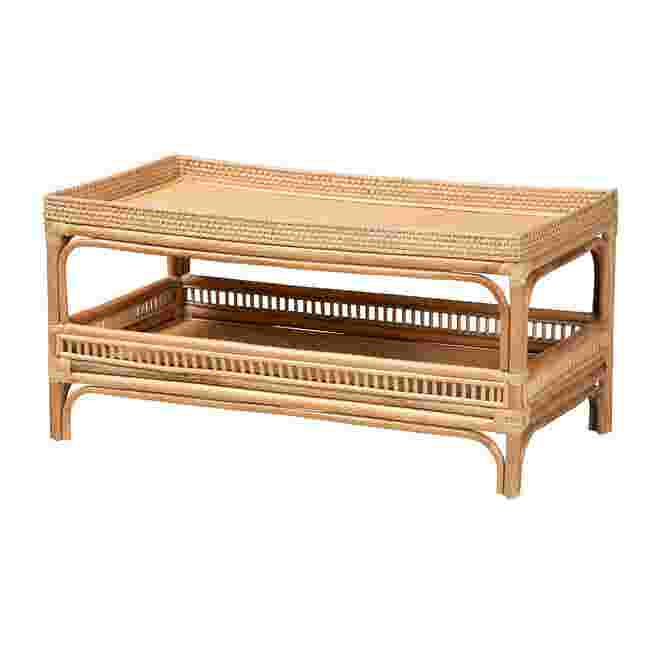 Natural rattan coffee table with a rectangular top and lower shelf.