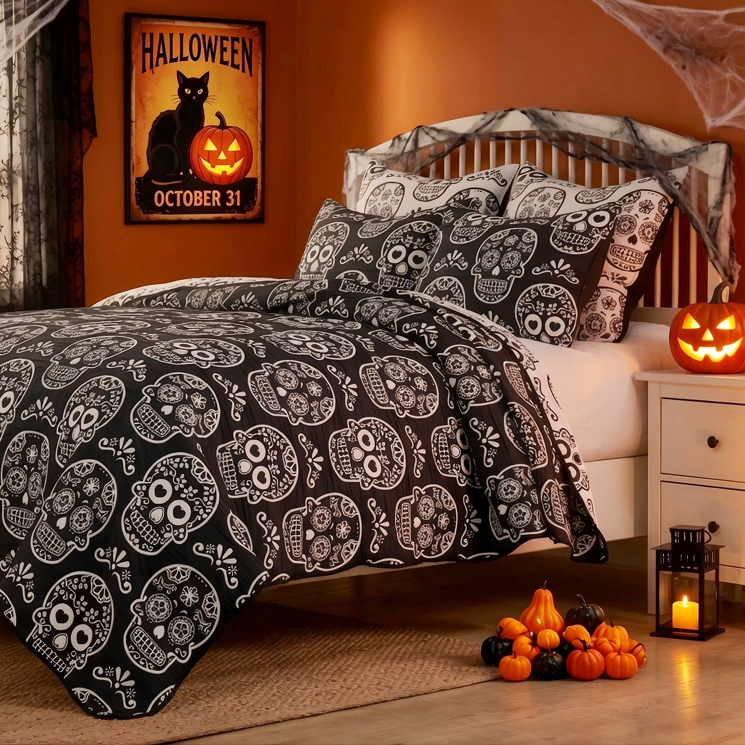 Sugar Skull Novelty Halloween Skull Coverlet Set, BLACK, hi-res image number 0