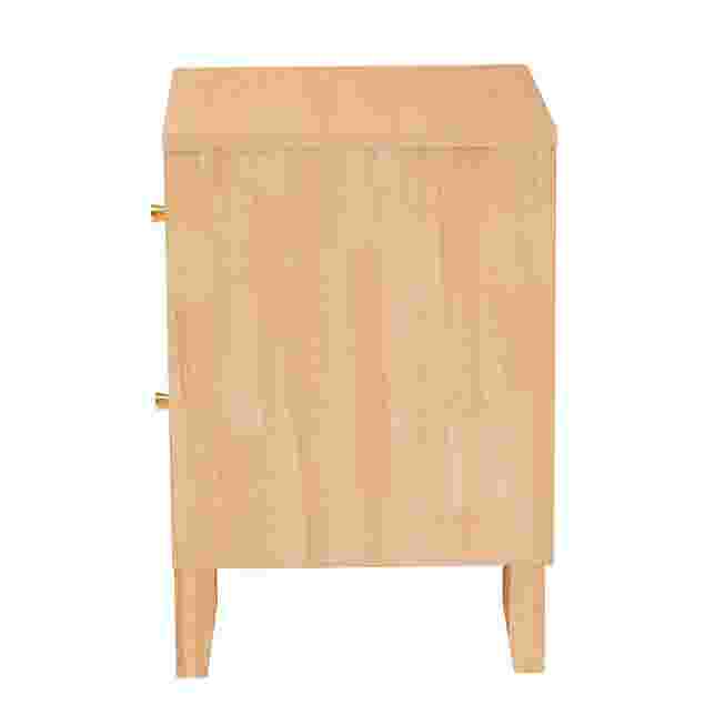 Side view of natural carved honeycomb 2-drawer nightstand