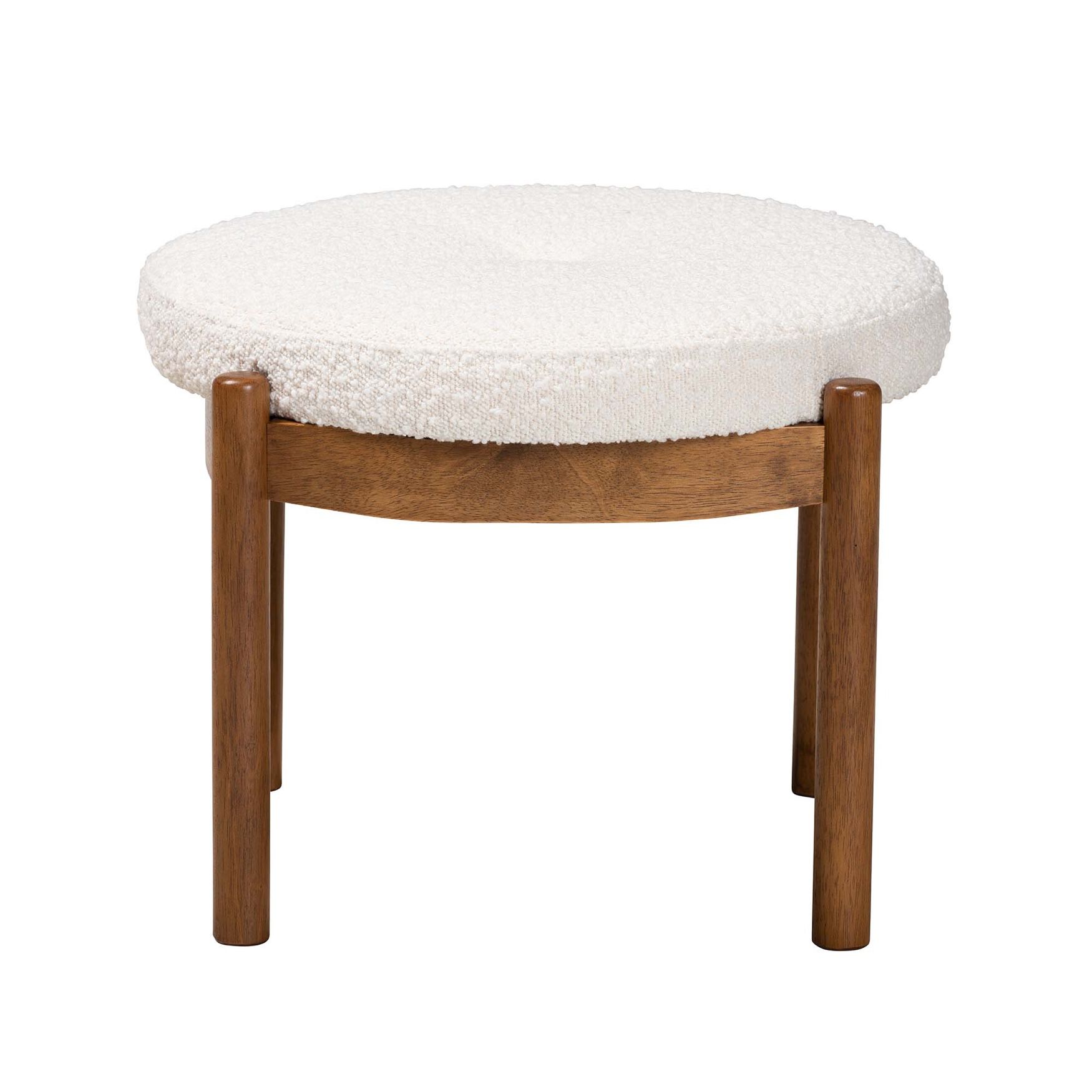 Iliana Japandi Cream Boucle Fabric And Walnut Brown Finished Rubberwood Ottoman Footstool, , on-hover image number 1