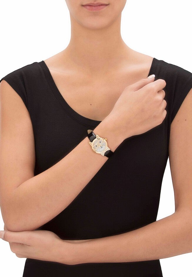 Gold Tone Bowtie Cat Watch with Adjustable Black Strap 8 inches, , on-hover image number null