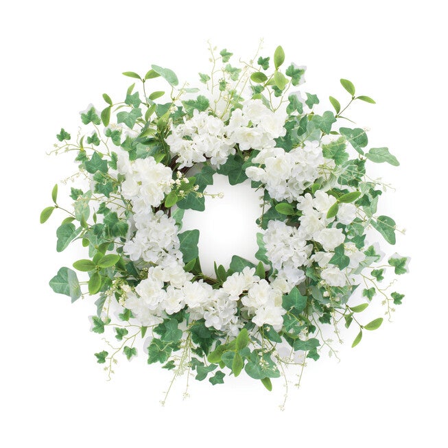 Hydrangea And Ivy Wreath 21.5 inchesD Polyester, WHITE, hi-res image number 0