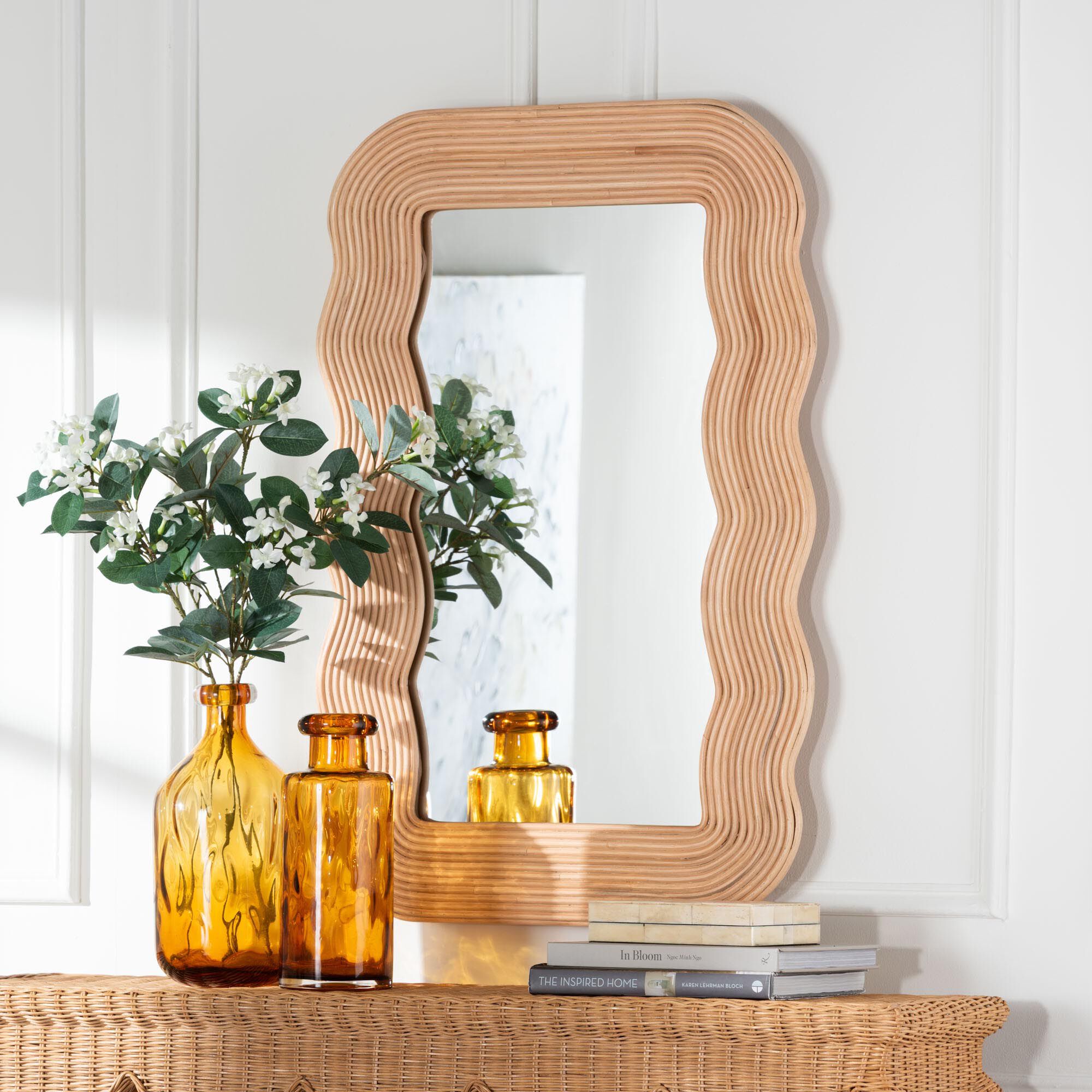 Drucilla Fluted Natural Rattan Scalloped Wall Mirror, HONEY, alternate image number 3