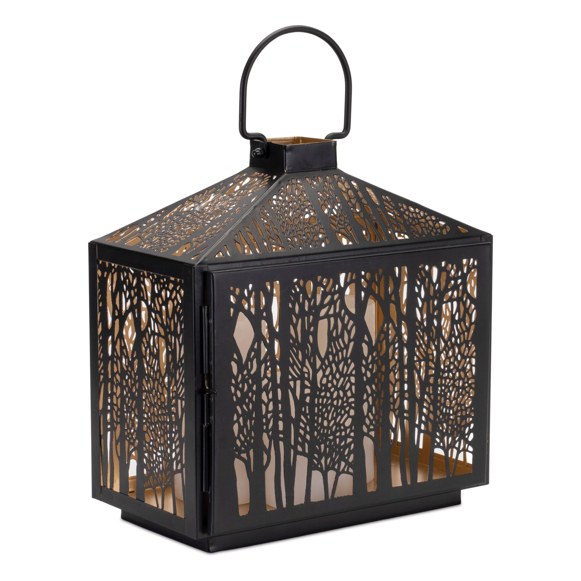 Forest Cut Metal Lantern with Gold Accent 12 inchesH, BLACK/GOLD, alternate image number 1